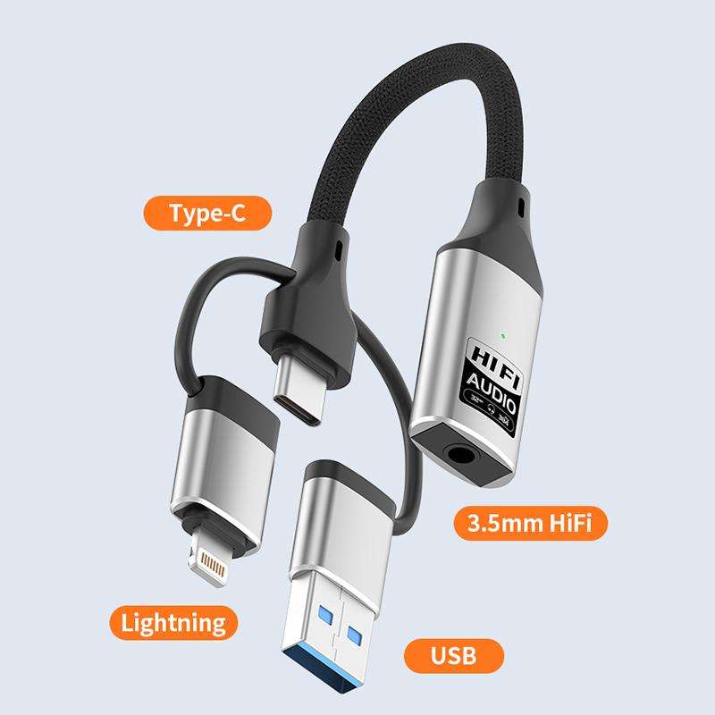 3 in 1 8 Pin, Type-C, USB to 3.5mm Multi-function External Sound Card(Black)
