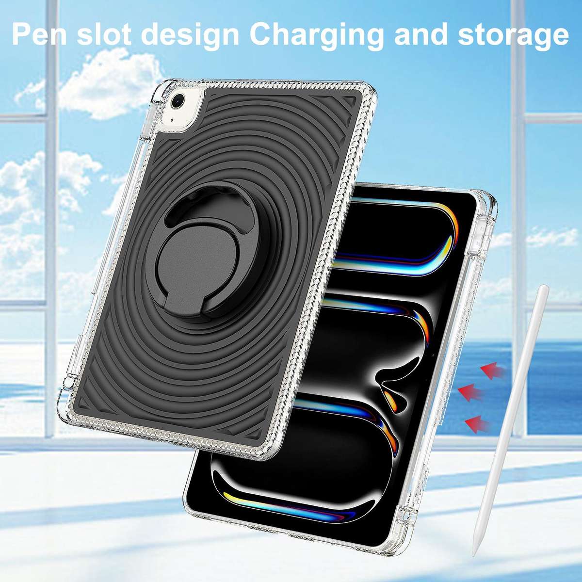 For iPad Air 11 2026 / 2025 / 2024 Wave Texture Rotating Holder Tablet Case with Pen Slot(Black)