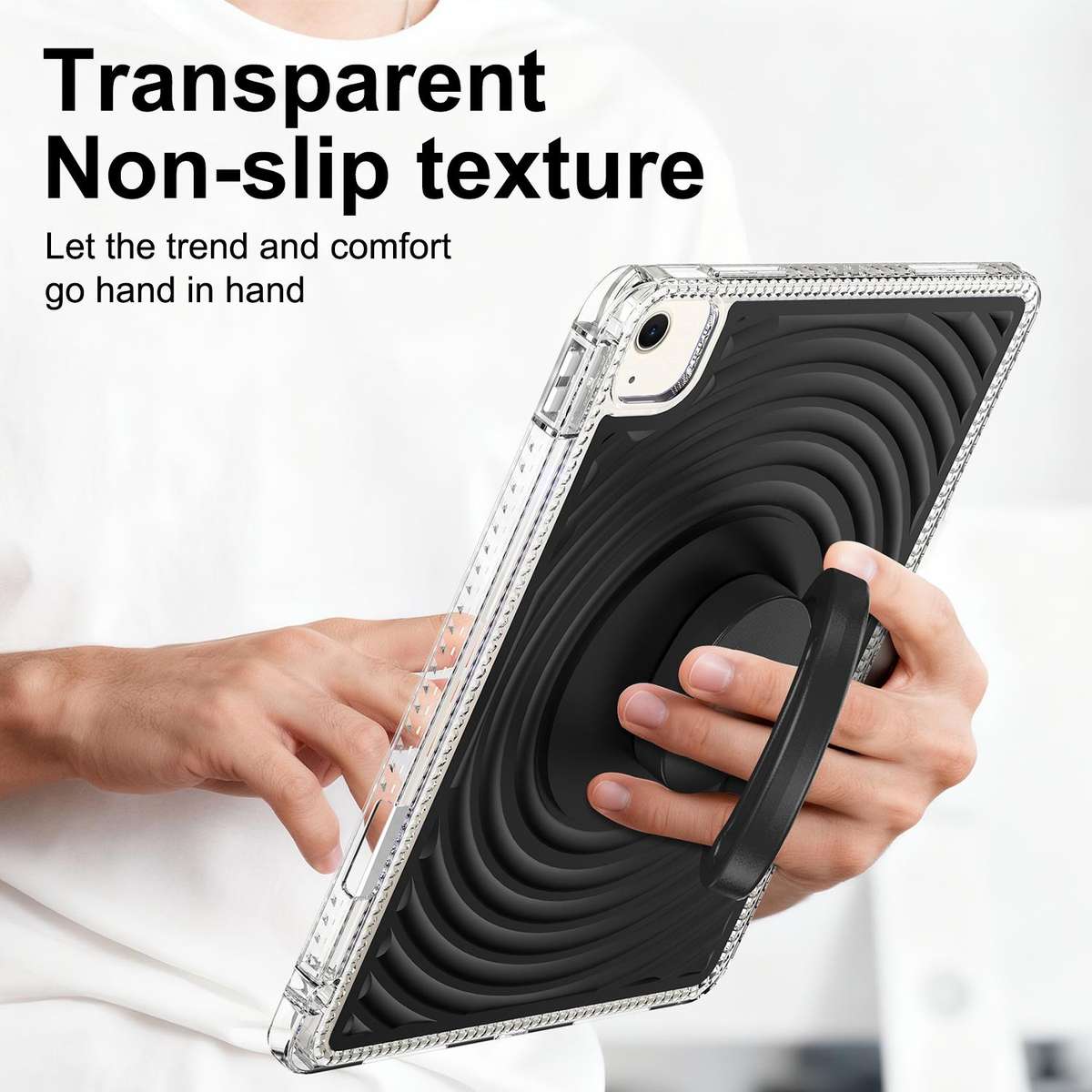 For iPad Air 11 2026 / 2025 / 2024 Wave Texture Rotating Holder Tablet Case with Pen Slot(Black)