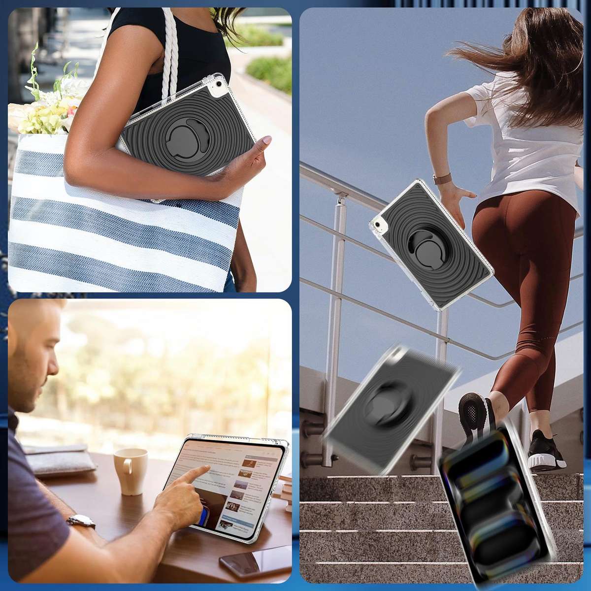 For iPad Air 11 2026 / 2025 / 2024 Wave Texture Rotating Holder Tablet Case with Pen Slot(Black)