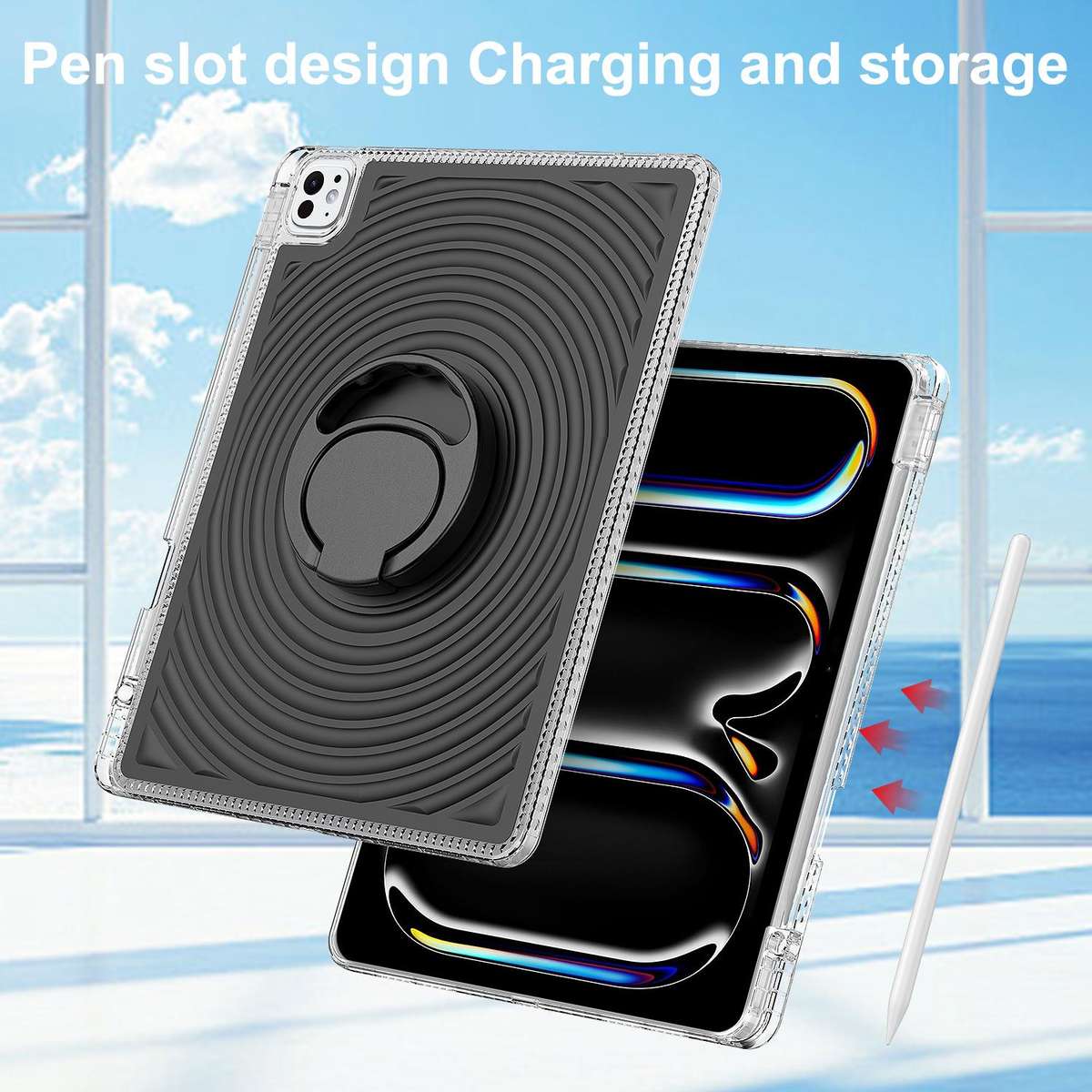 For iPad Air 13 2026 / 2025 / 2024 Wave Texture Rotating Holder Tablet Case with Pen Slot(Black)