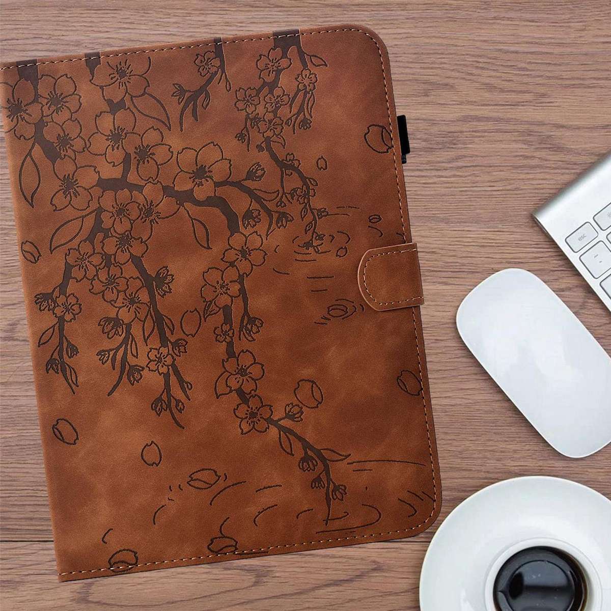 For iPad 9.7 2018 / 2017 Plum Blossom Embossed Smart Leather Tablet Case(Brown)