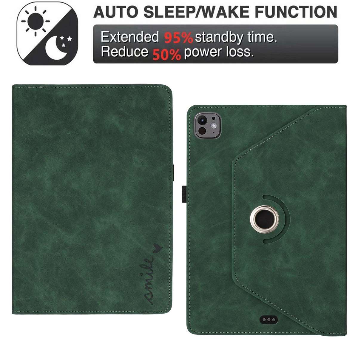 For iPad Air 11 2026 / 2025 / 2024 Smile Embossed Rotation Holder Leather Smart Tablet Case(Green)