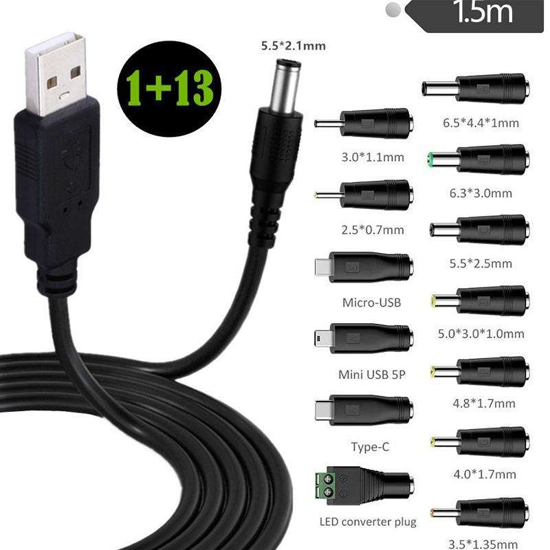 1.5m USB to DC5.5x2.1mm Male Power Cord with 13pcs Converter(Black)