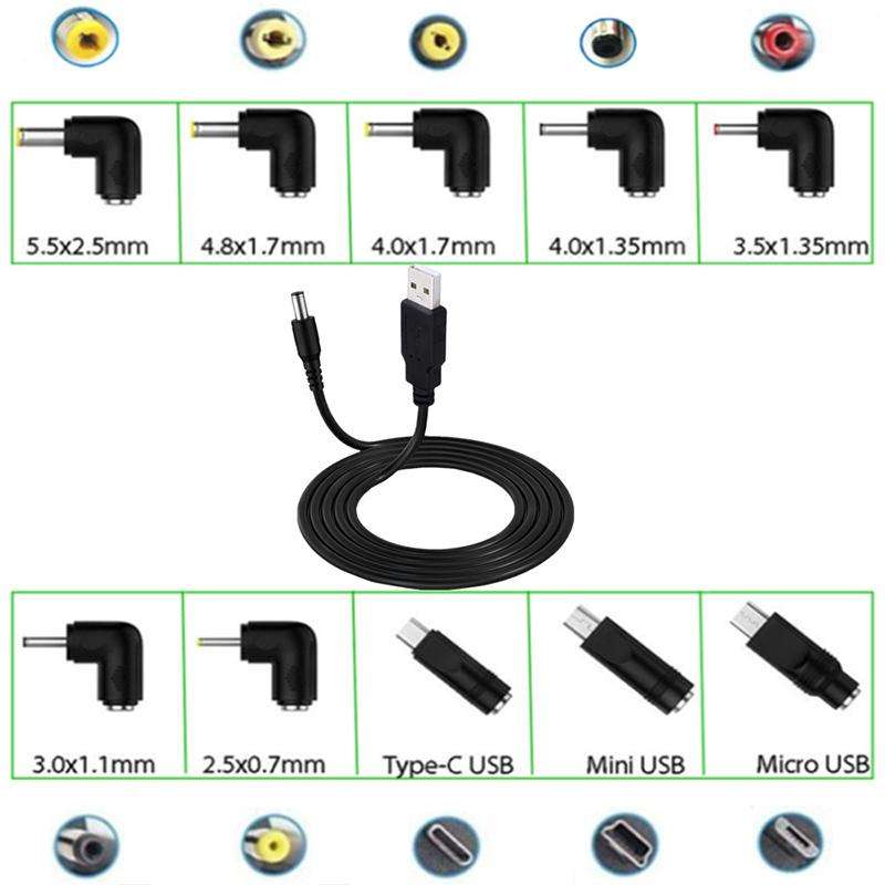1.5m USB to DC5.5x2.1mm Male Power Cord with 13pcs Converter(Black)