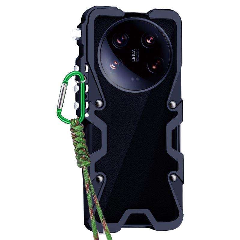 For Xiaomi 14 Ultra Trigger Design Hollow Metal Frame Phone Case with Lanyard(Black)