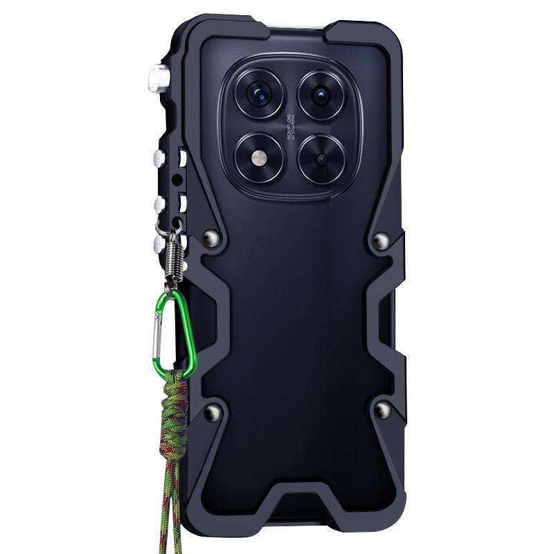 For Redmi Note 14 Pro+ 5G Trigger Design Hollow Metal Frame Phone Case with Lanyard(Black)