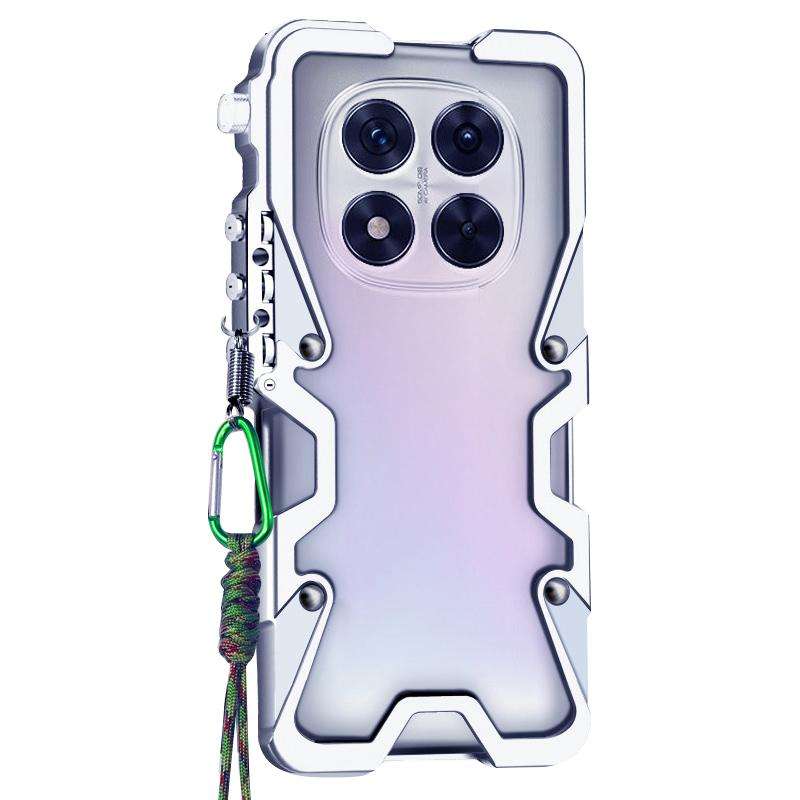 For Redmi Note 14 Pro+ 5G Trigger Design Hollow Metal Frame Phone Case with Lanyard(Silver)