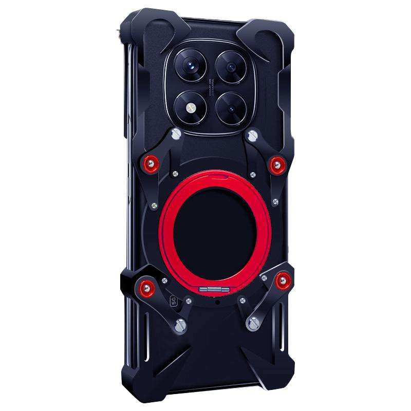 For Redmi Note 14 Pro 5G Rotating Bracket Hollow Metal Phone Case with Lanyard(Black)