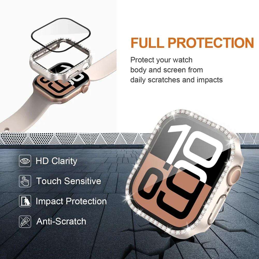 For Apple Watch Series 11 46mm / 10 46mm xDfind Single Row Diamond Hollow PC Watch ... (Starlight)