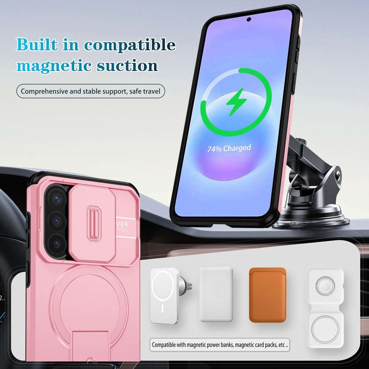 For Samsung Galaxy A57 5G Sliding Camshield MagSafe Holder Phone Case(Pink)