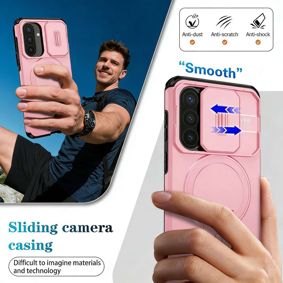 For Samsung Galaxy A57 5G Sliding Camshield MagSafe Holder Phone Case(Pink)