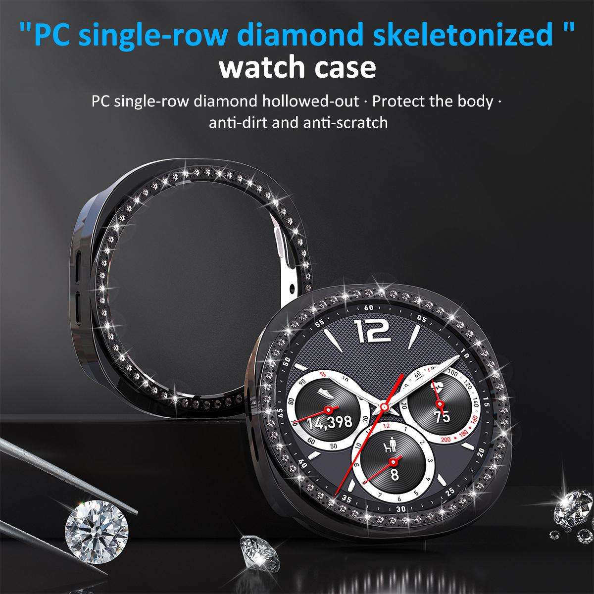For Samsung Galaxy Watch8 44mm xDfind Single Row Diamond Hollow PC Watch Cover(Midnight Blue)