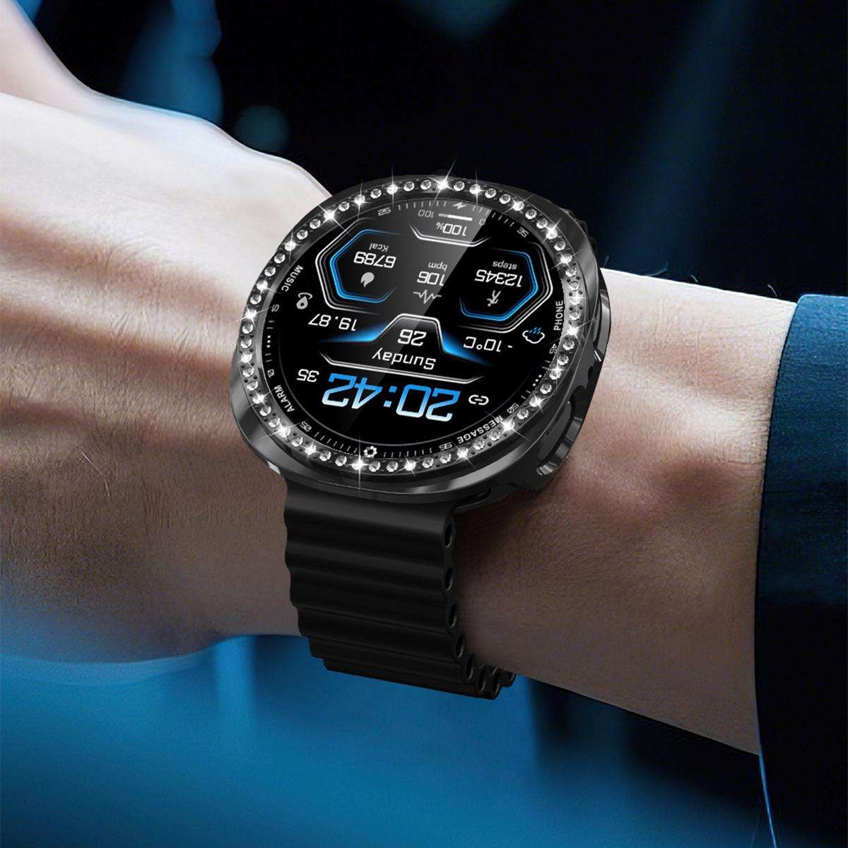 For Samsung Galaxy Watch8 44mm xDfind Single Row Diamond Hollow PC Watch Cover(Midnight Blue)