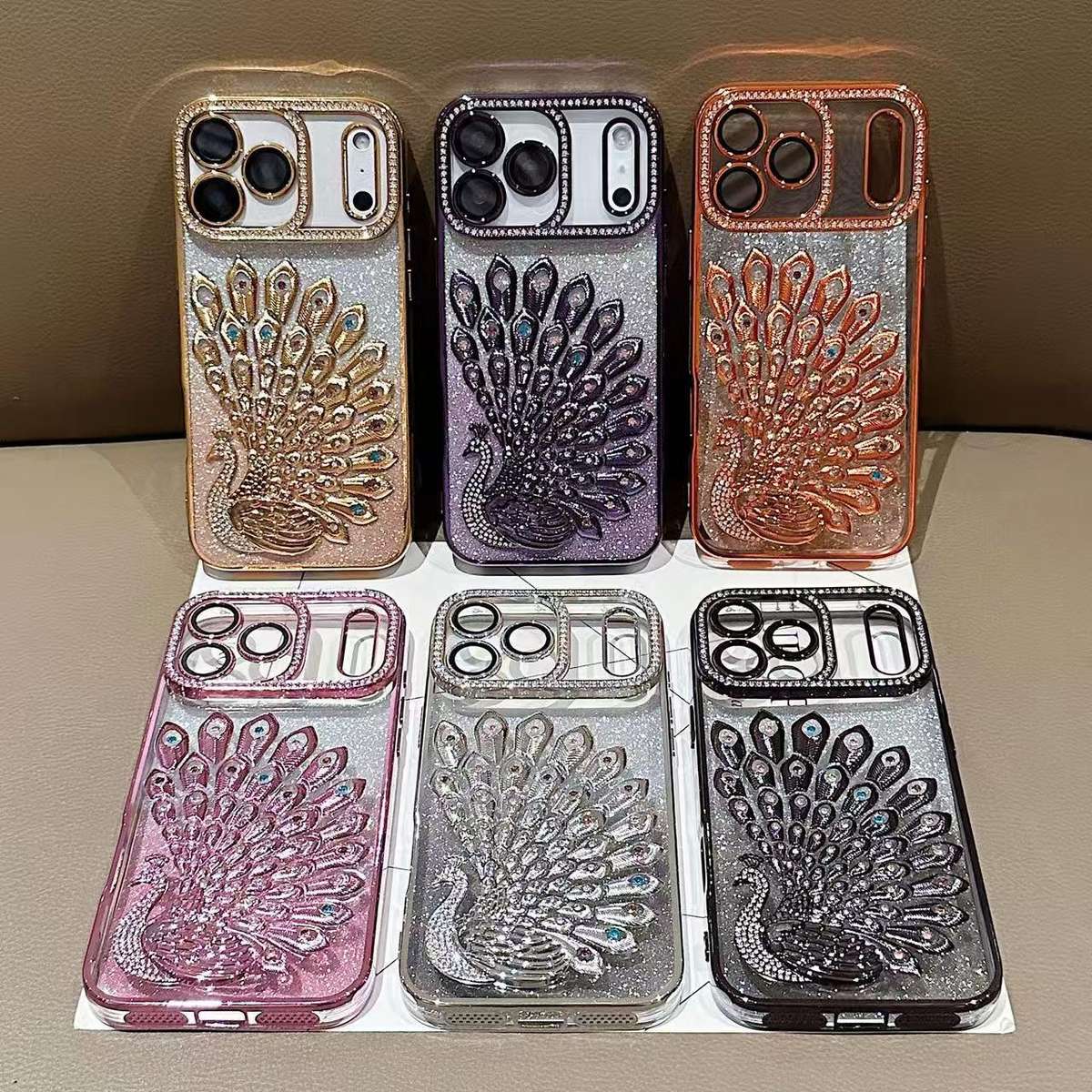 For iPhone 14 Pro Max Electroplated TPU Peacock Relief Rhinestone Glitter Phone Case ... (Orange)