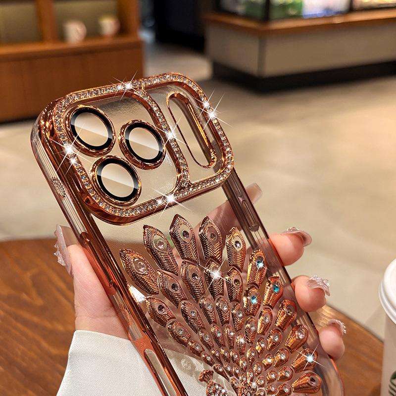 For iPhone 14 Pro Max Electroplated TPU Peacock Relief Rhinestone Glitter Phone Case ... (Orange)