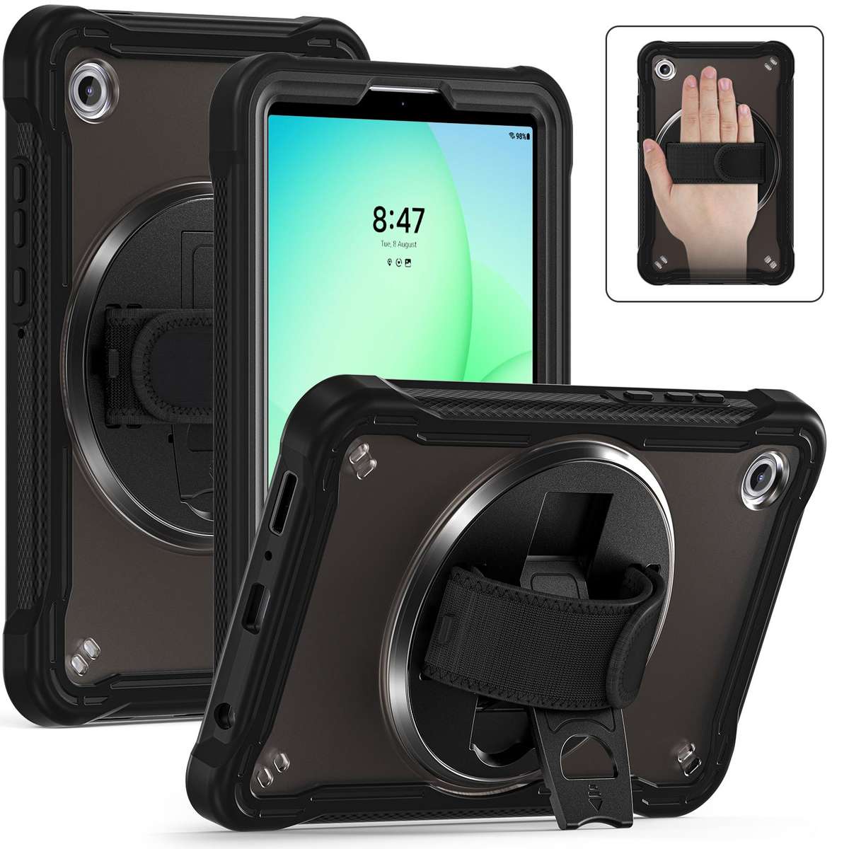 For Samsung Galaxy Tab A11 Heavy Duty Hybrid Tablet Case with Hand Grip & Strap(Black)