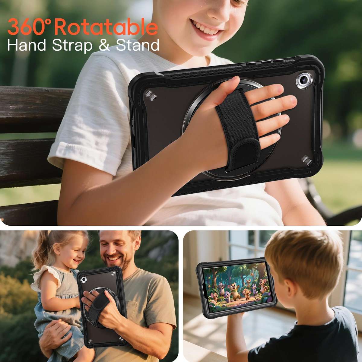 For Samsung Galaxy Tab A11 Heavy Duty Hybrid Tablet Case with Hand Grip & Strap(Black)