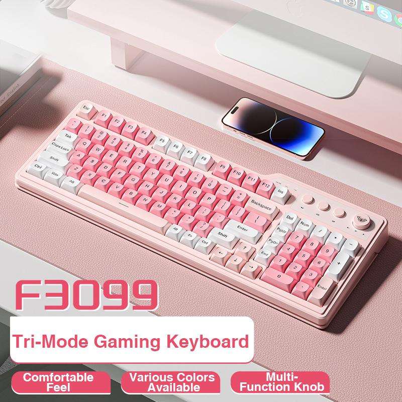AULA F3099 99 Keys RGB Lighting Tri-Mode Gaming Keyboard(White Pink)