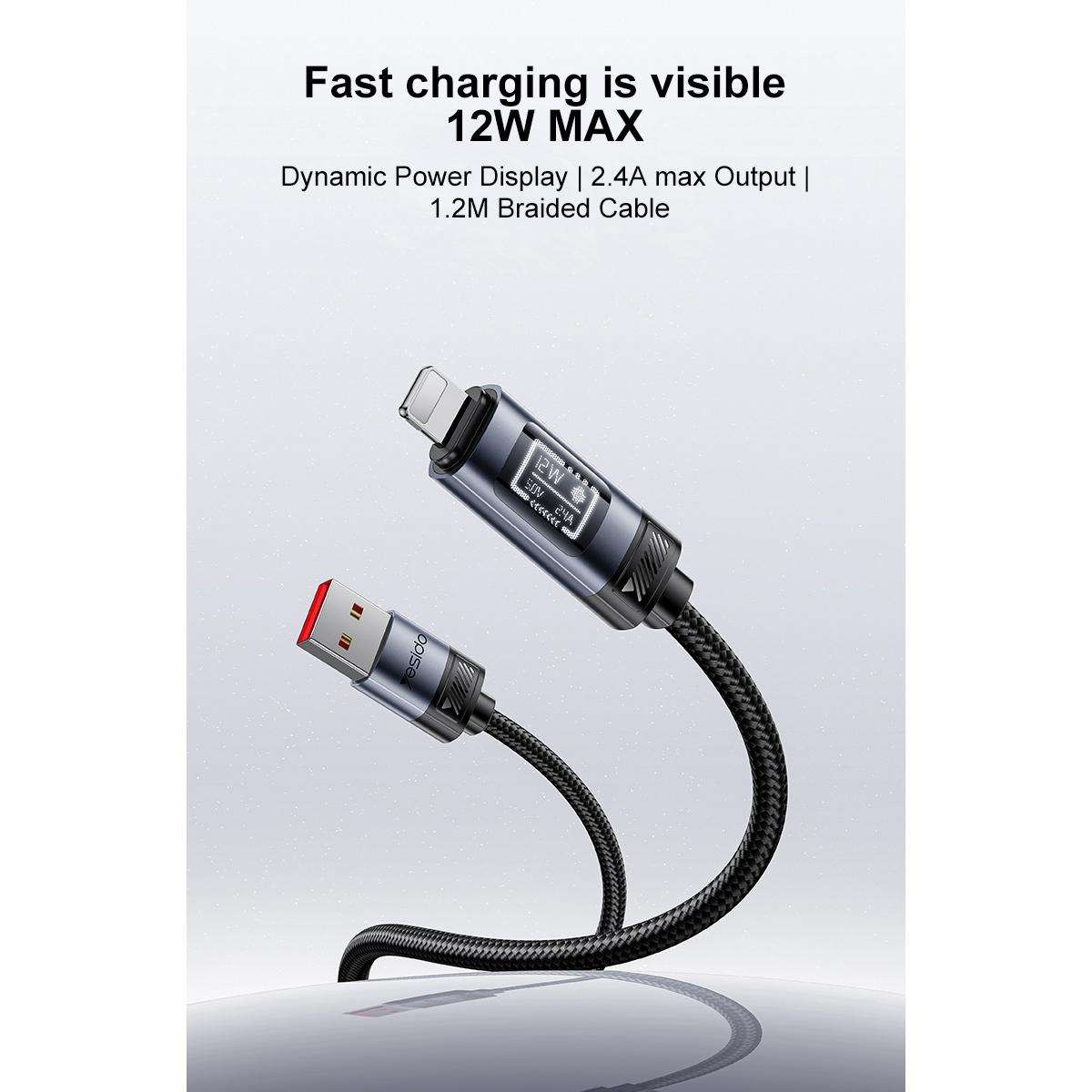 Yesido CA138L 12W 2.4A USB to 8 Pin OLED Display Charging Data Cable, Length:1.2m(Black)