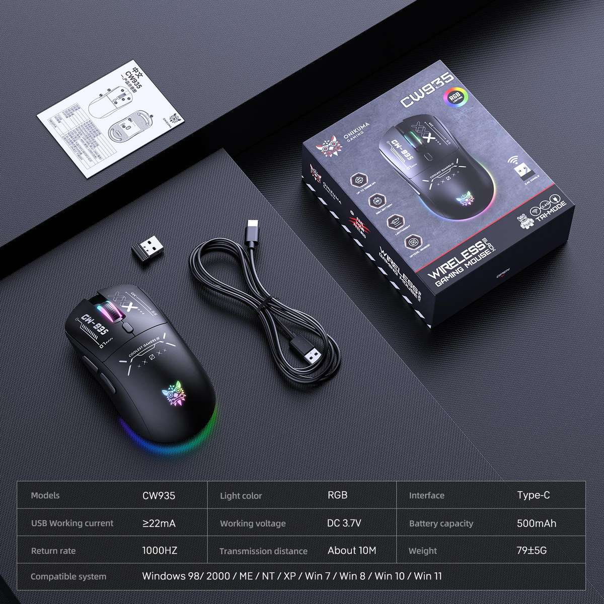 ONIKUMA CW935 12800DPI 2.4GHz + BT + Wired Tri-mode RGB Wireless Mouse(Black)