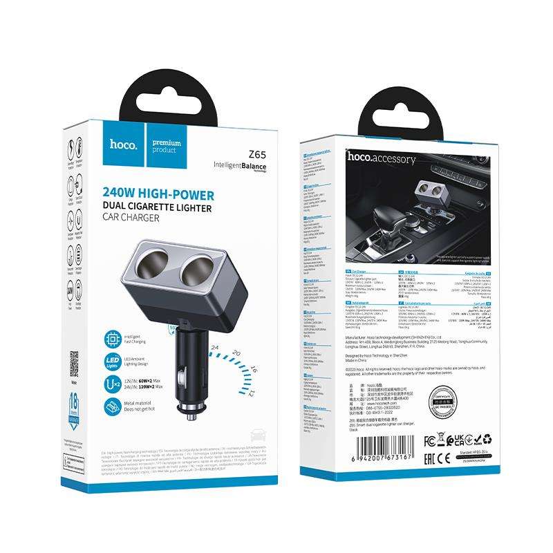hoco Z65 Smart Dual Cigarette Lighter Car Charger(Black)