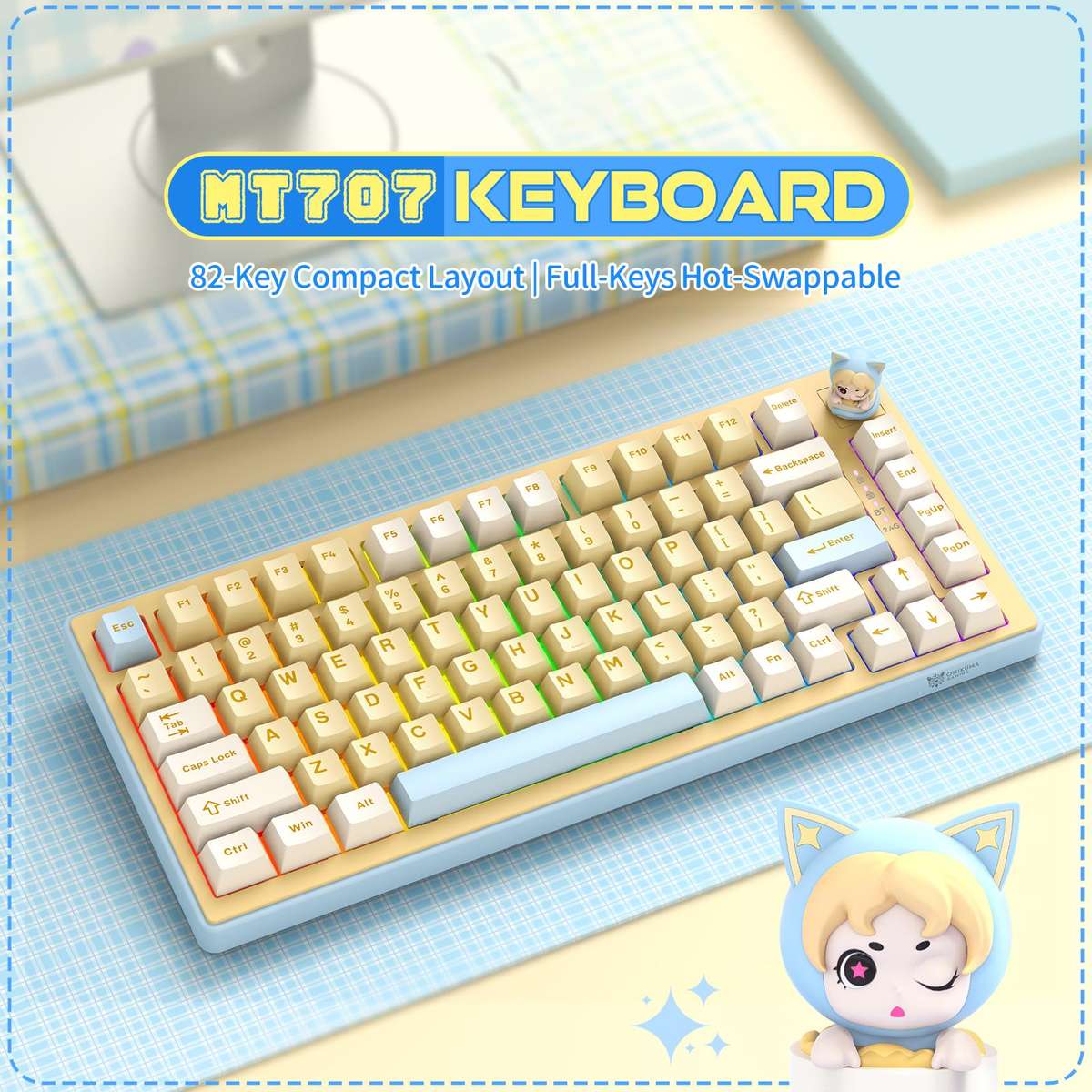ONIKUMA MT707 82 Keys RGB Tri-mode Mechanical Gaming Keyboard(Pink)