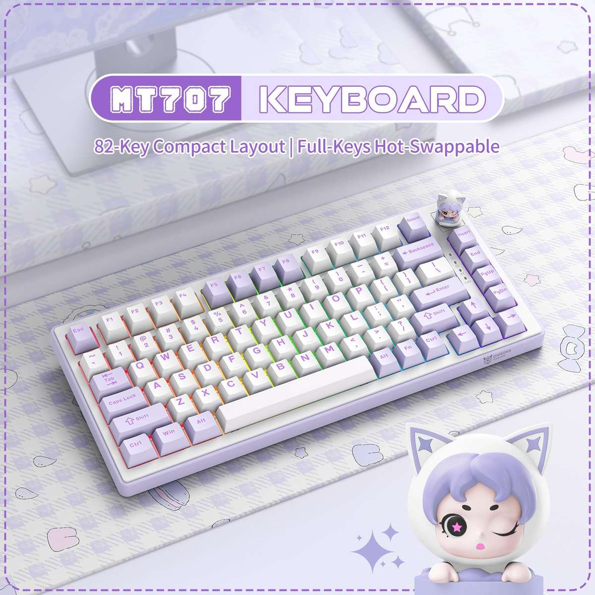 ONIKUMA MT707 82 Keys RGB Tri-mode Mechanical Gaming Keyboard(Pink)