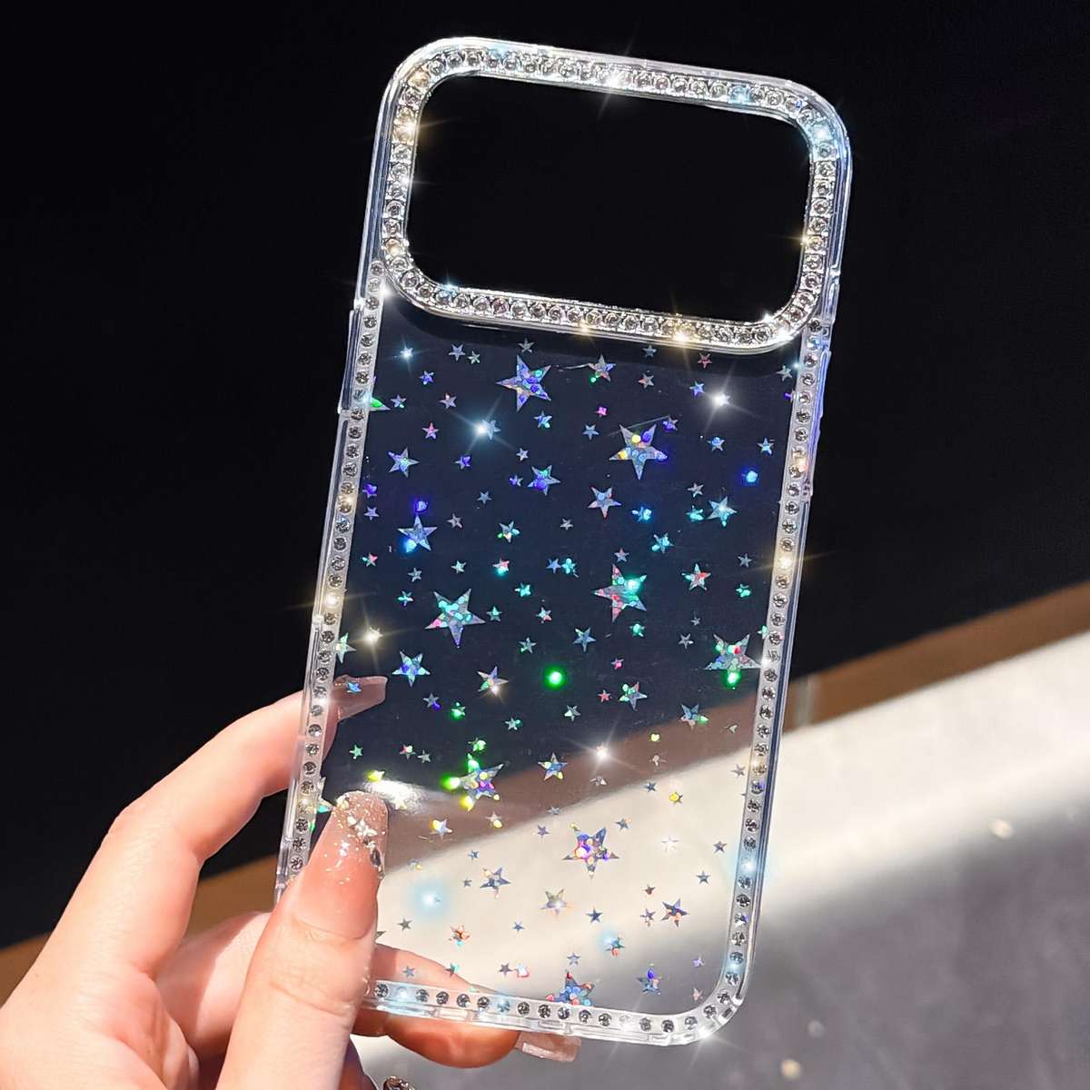 For iPhone 14 Pro Rhinestone Dual-side IMD PC Hybrid TPU Phone Case(Stars Transparent)