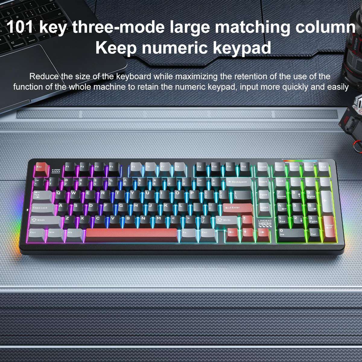 LINGBAO K98 101 Keys Triple-mode Wireless Game Keyboard, Type:Blue-Red Rabbit Axis Pro