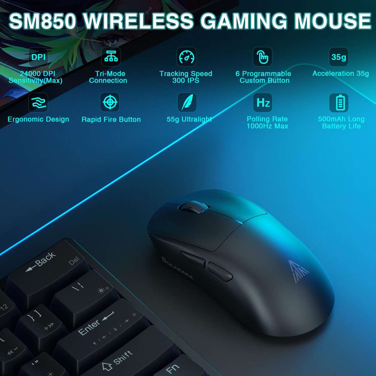 SOLAKAKA SM850 24000DPI 2.4GHz + BT + Wired Tri-mode Wireless Mouse(White)