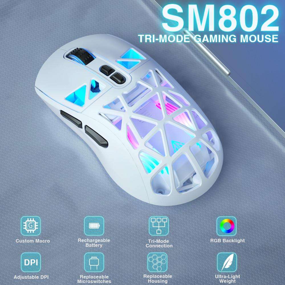 SOLAKAKA SM802 Ultra-light 2.4GHz + BT + Wired Tri-mode Wireless Mouse(White)