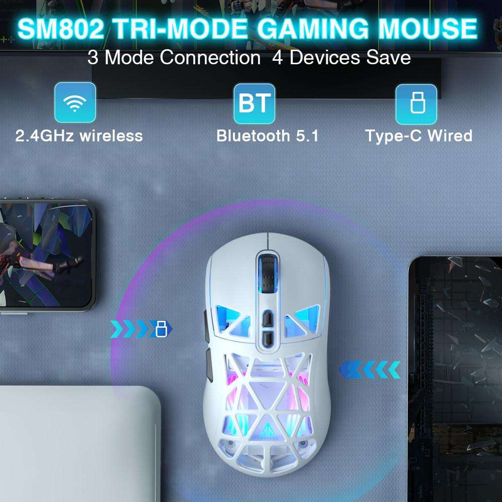 SOLAKAKA SM802 Ultra-light 2.4GHz + BT + Wired Tri-mode Wireless Mouse(White)