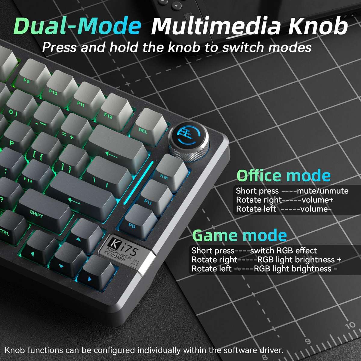 SOLAKAKA Ki75 Tri-mode RGB Side-Legend Wireless Mechanical Keyboard, Type:Seiya Switch(Gradient Gray