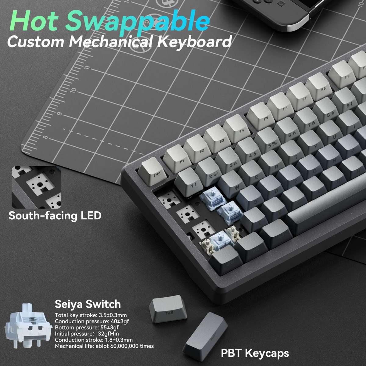 SOLAKAKA Ki75 Tri-mode RGB Side-Legend Wireless Mechanical Keyboard, Type:Seiya Switch(Gradient Gray