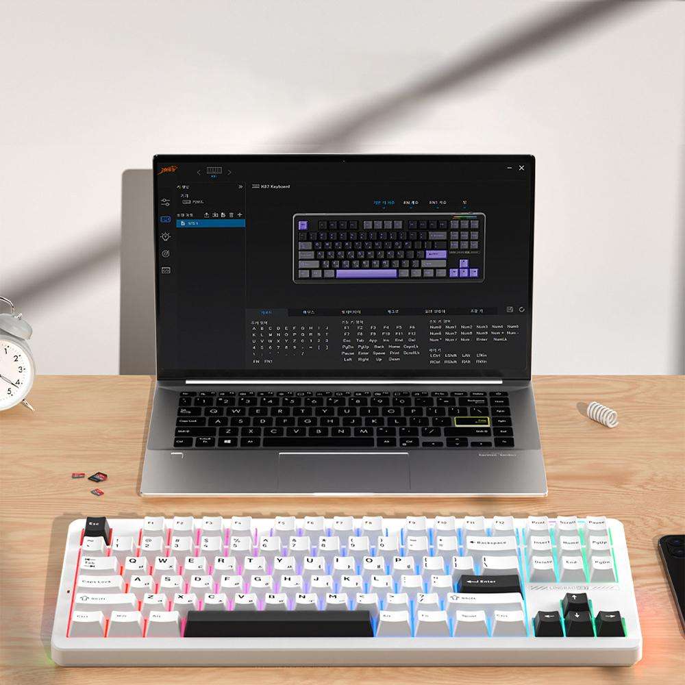 LINGBAO K87 Tri-Mode Hot Swap Mechanical Keyboard, Type:Black White-Gray Wood Axis
