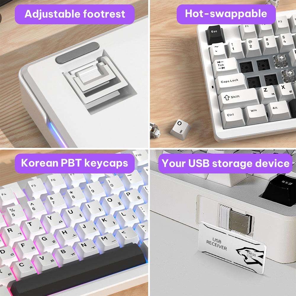 LINGBAO K87 Tri-Mode Hot Swap Mechanical Keyboard, Type:Black White-Gray Wood Axis
