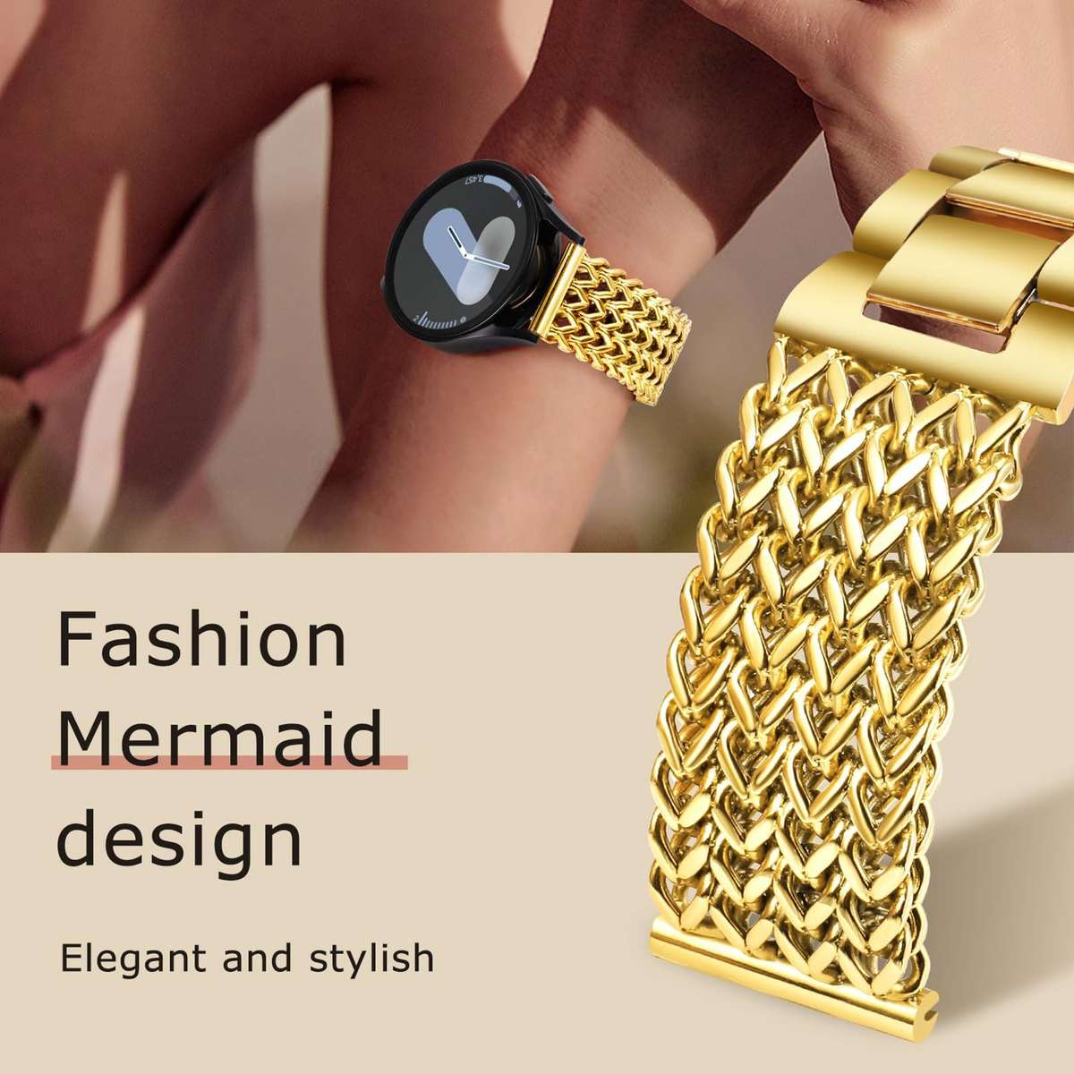 22mm xDfind Flat Head Herringbone Braided Stainless Steel Watch Band(Gold)