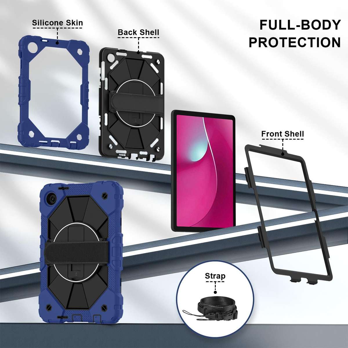 For T-Mobile Revvl Tab 2 2025 Contrast Color Robot Silicone Hybrid PC Tablet Case(Navy Black)
