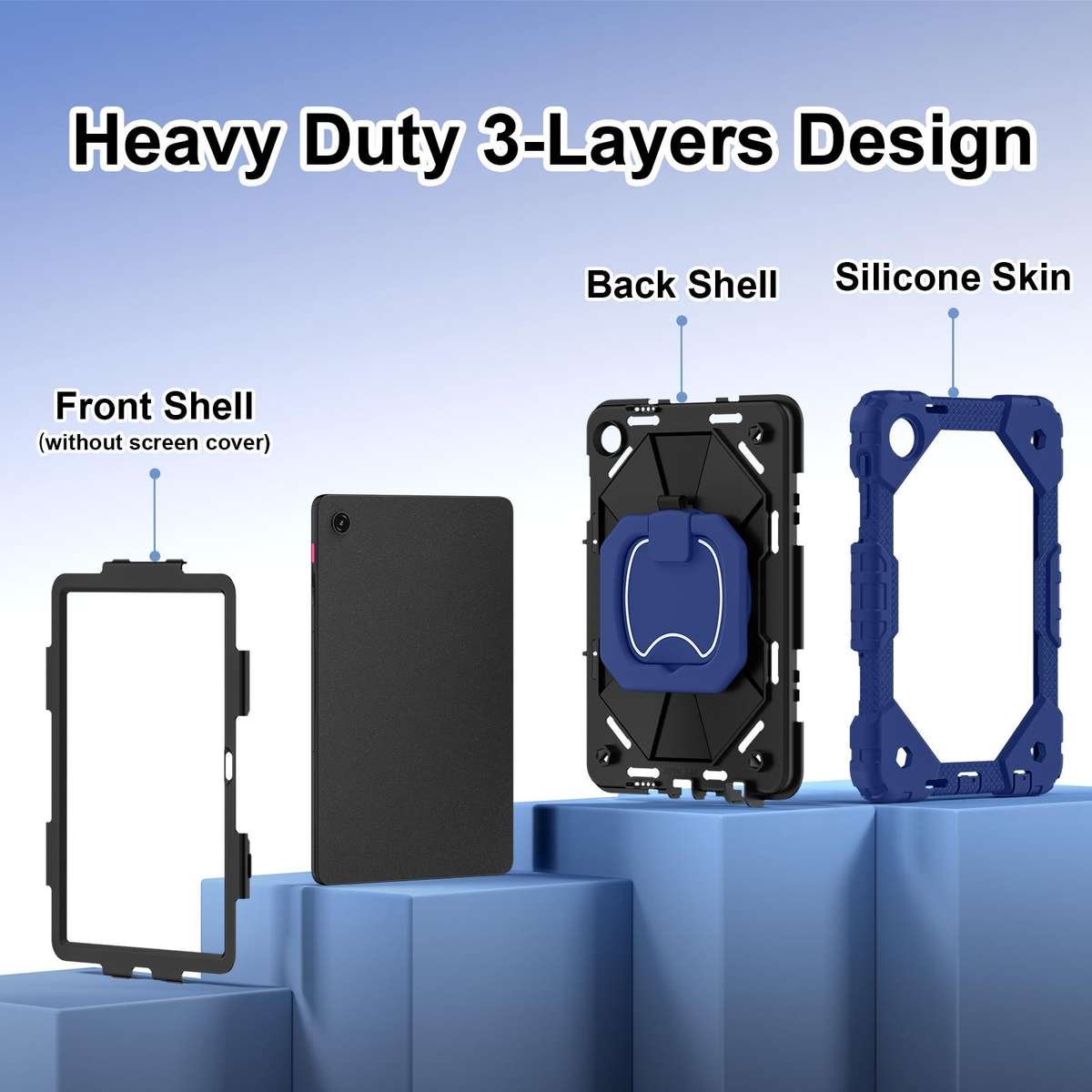 For T-Mobile Revvl Tab 2 2025 Contrast Color Robot Silicone Hybrid PC Tablet Case(Navy Black)