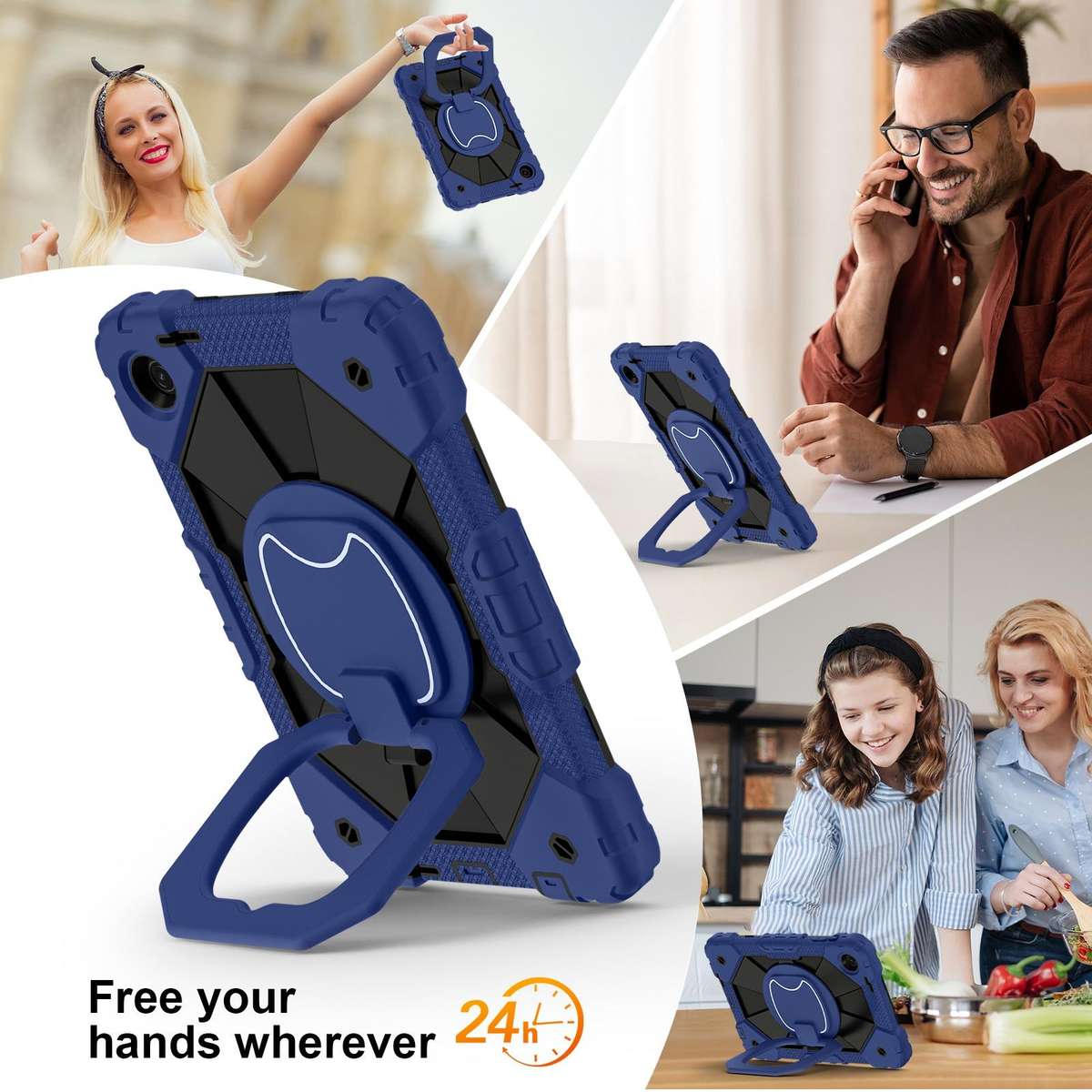 For T-Mobile Revvl Tab 2 2025 Contrast Color Robot Silicone Hybrid PC Tablet Case(Navy Black)