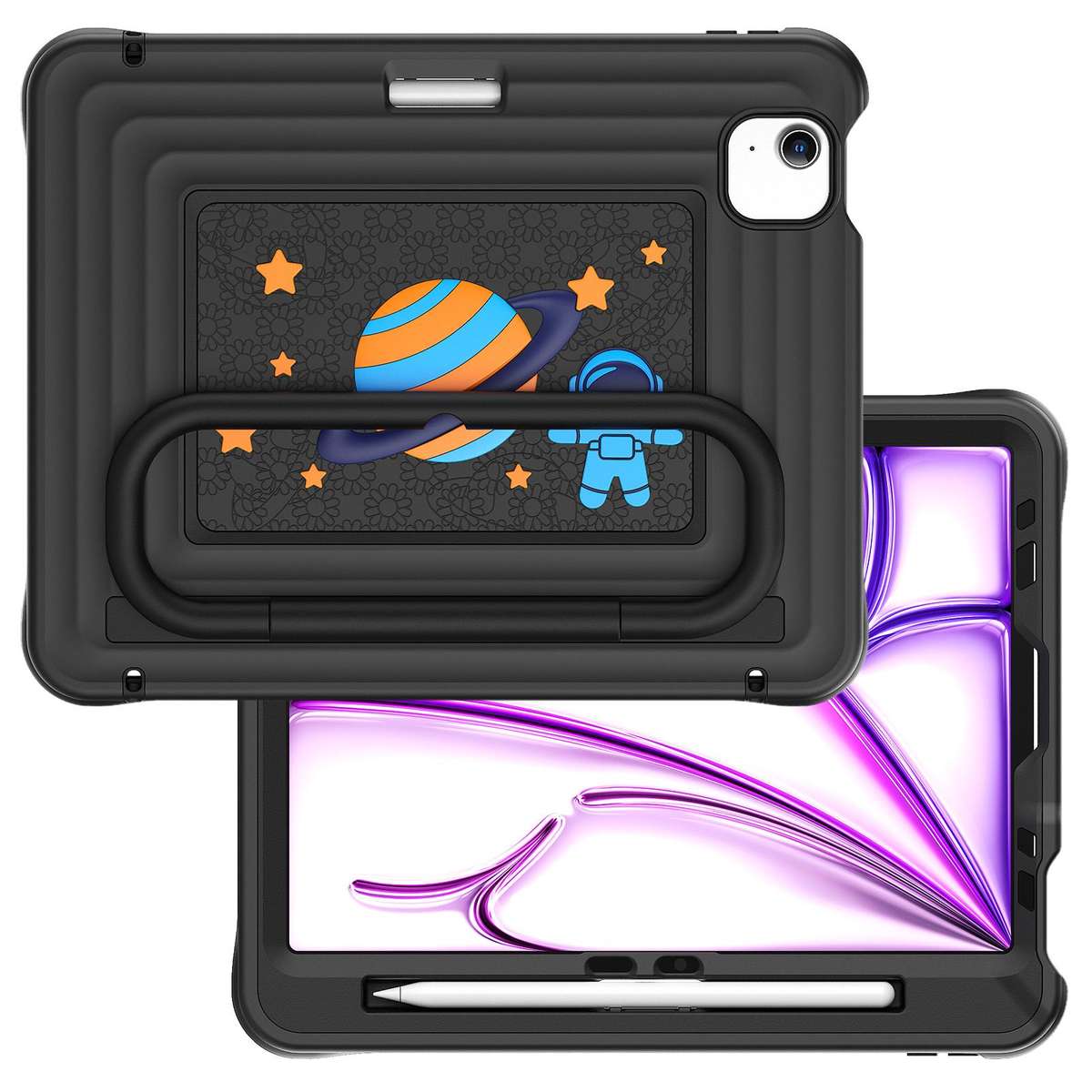 For iPad Air 11 2026 / 2025 / 2024 Handle Holder Silicone Hybrid PC Tablet Case with S ... (Black)