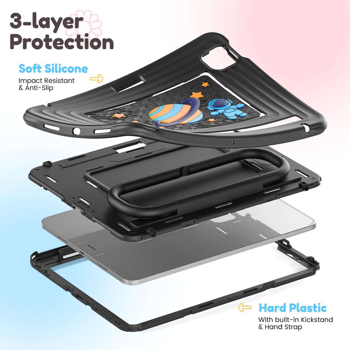For iPad Air 11 2026 / 2025 / 2024 Handle Holder Silicone Hybrid PC Tablet Case with S ... (Black)
