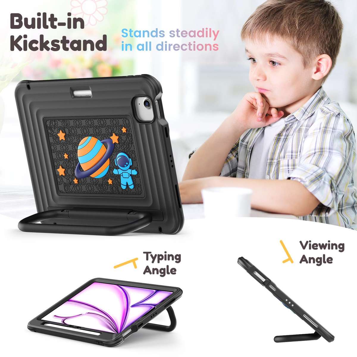 For iPad Air 11 2026 / 2025 / 2024 Handle Holder Silicone Hybrid PC Tablet Case with S ... (Black)