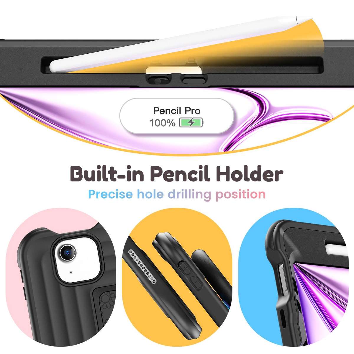 For iPad Air 11 2026 / 2025 / 2024 Handle Holder Silicone Hybrid PC Tablet Case with S ... (Black)