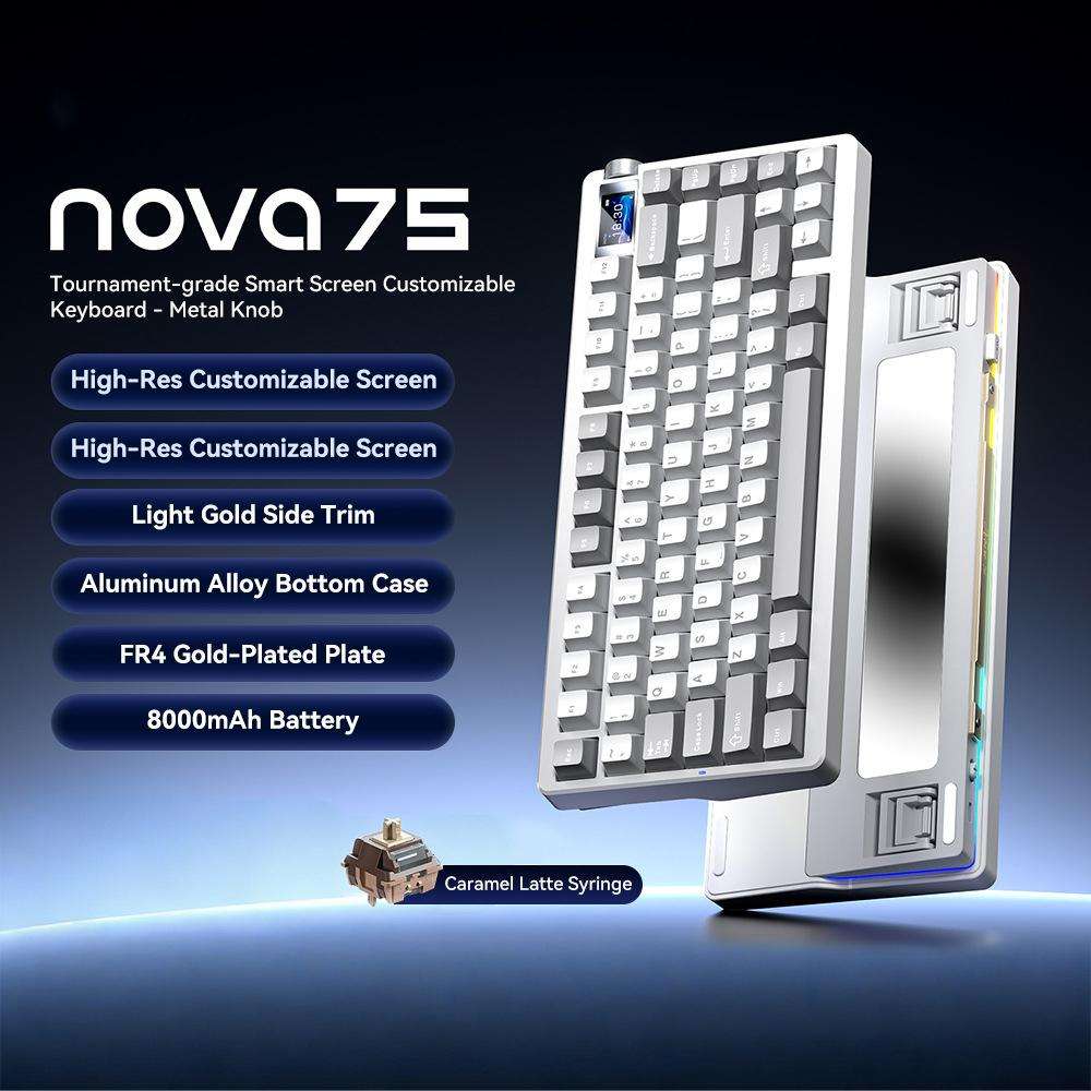 AULA nova75 Smart Display Tri-Mode RGB Customizable Gaming Mechanical Keyboard(Gray White Caramel La
