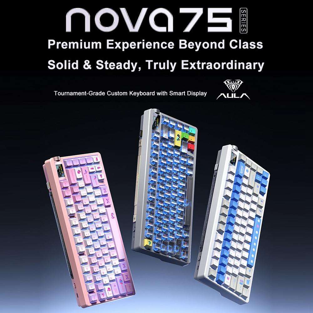 AULA nova75 Smart Display Tri-Mode RGB Customizable Gaming Mechanical Keyboard(Gray White Caramel La