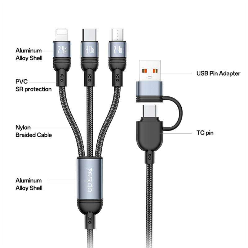 Yesido CA203 4 in 1 USB and Type-C to Type-C, 8 Pin, Micro USB 12W Multi-functional Ch ... (Black)