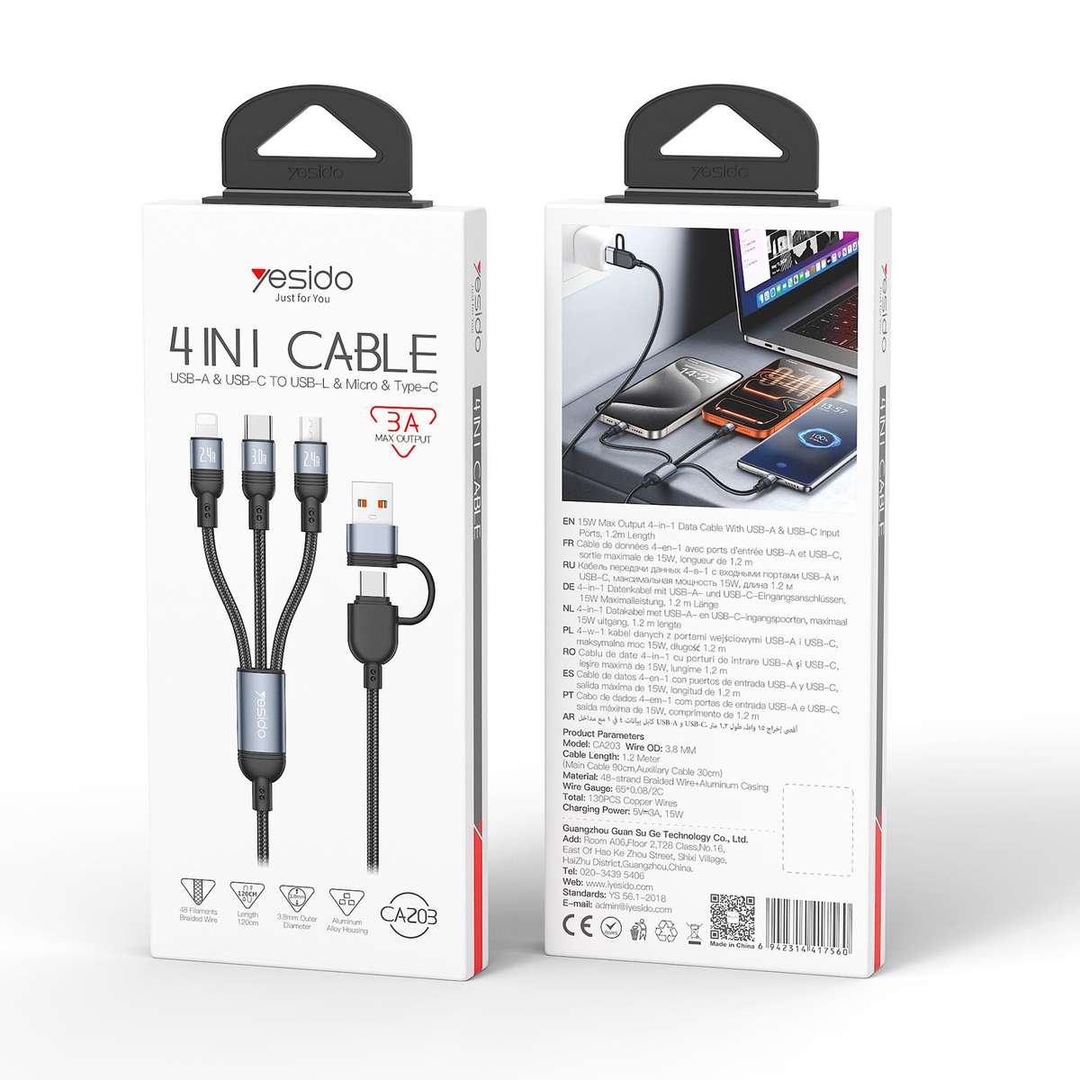 Yesido CA203 4 in 1 USB and Type-C to Type-C, 8 Pin, Micro USB 12W Multi-functional Ch ... (Black)
