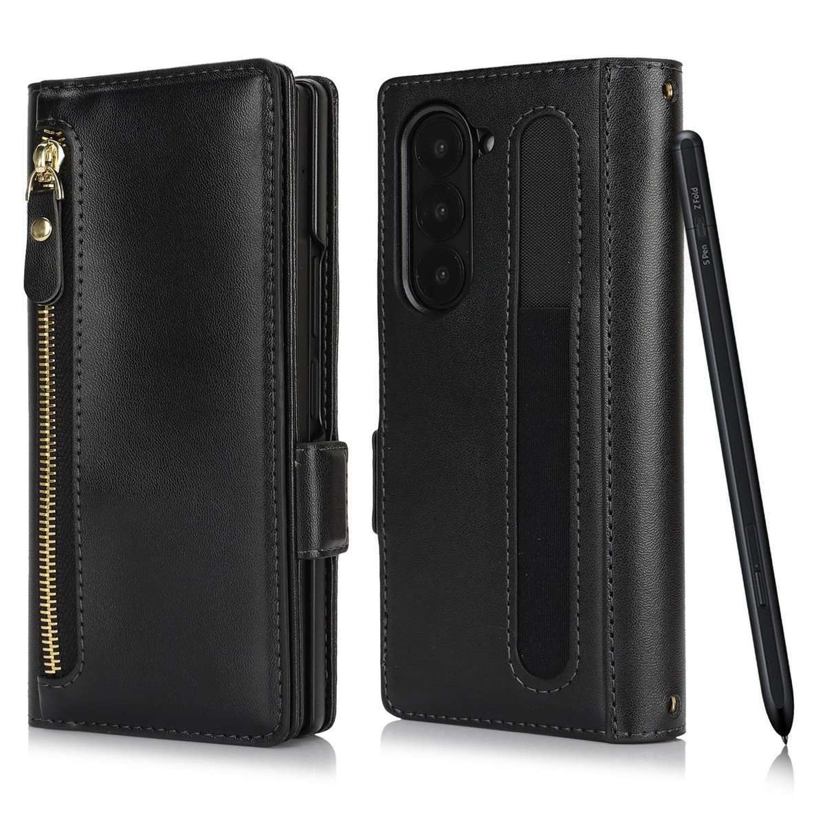 For Samsung Galaxy Z Fold6 Crossbody Front Zipper Multi-Card Wallet Bag Vegan Leather ... (Black)